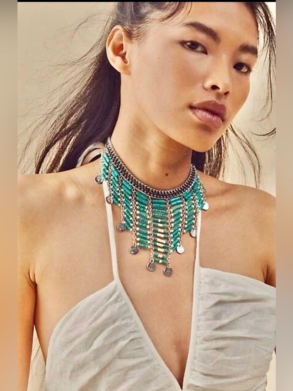 Free People White and Black Beaded Coin Fringe Necklace with Gold Chains FIRM - Picture 2 of 4
